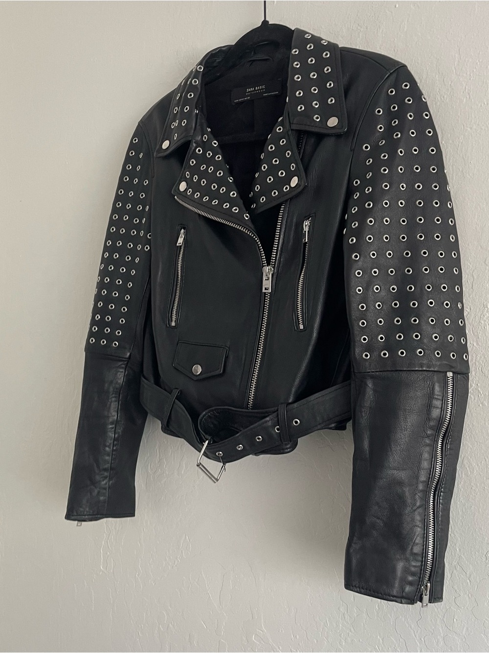 Zara Studded Leather Jacket Black Moto Jacket Belted Women's Size Medium Punk - Picture 4 of 10